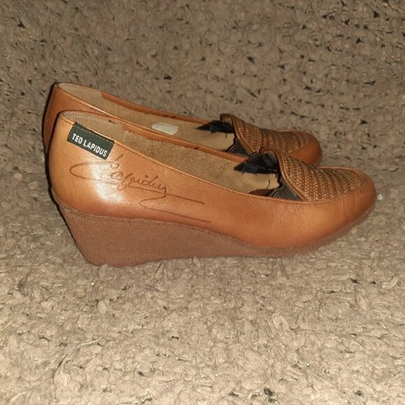 Vintage TED LAPIDUS-Brown Leather-Woven Patterned Wedges-Sz 7-Excellent - Picture 4 of 7